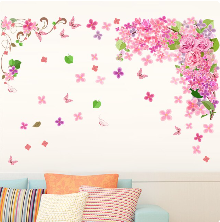PINK FLOWERS BUTTERFLIES ROSES LEAVES 3D WALL STICKER MURAL ART Decal