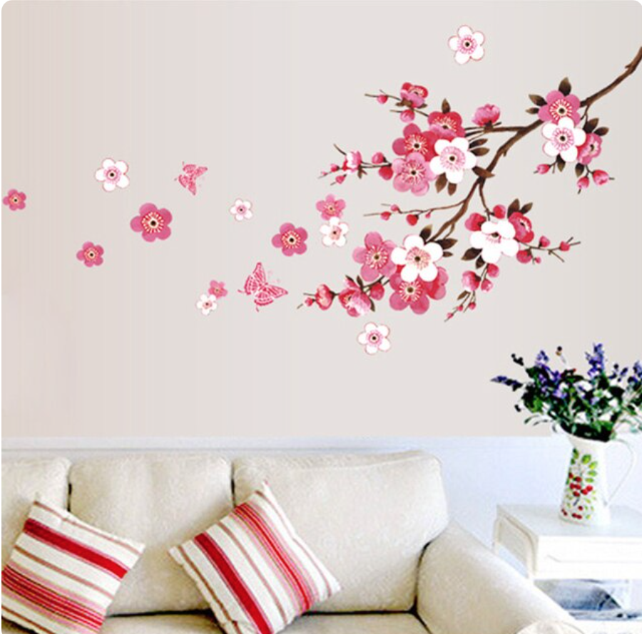 BLOOMING FLOWERS PINK RED TREE BRANCH BUTTERFLY 3D WALL STICKER MURAL ART Decal