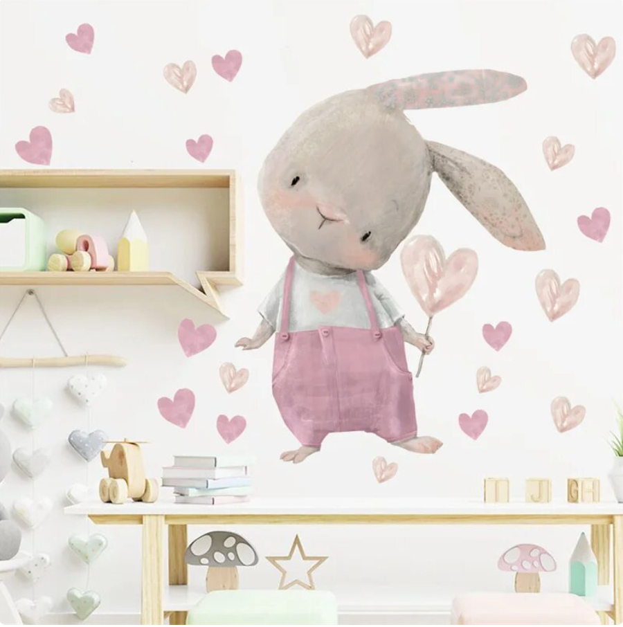 BUNNY RABBIT WITH PINK LOVE HEARTS 3D WALL STICKER MURAL ART Decal
