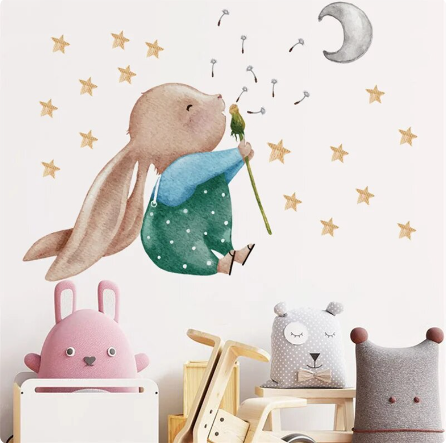 BUNNY RABBIT AT NIGHT SKY STARS DANDELION 3D WALL STICKER MURAL ART Decal