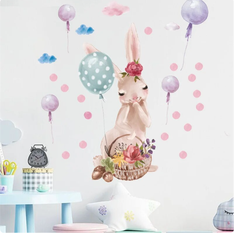 BUNNY RABBIT ON A PICNIC BASKET BALLOONS POLKADOTS 3D WALL STICKER MURAL Decal