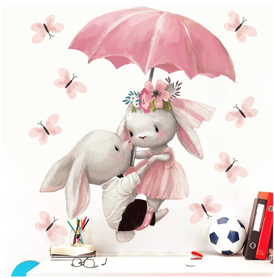 BUNNY RABBITS LOVE UNDER UMBRELLA BUTTERFLIES FLOWERS WALL STICKER MURAL Decal