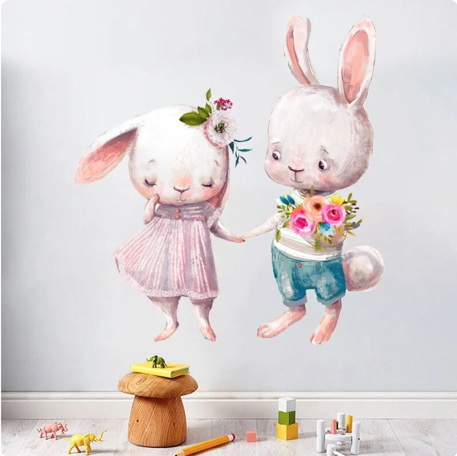 BUNNY RABBIT COUPLE NEW LOVE FLOWERS BOUQUET 3D WALL STICKER MURAL ART Decal