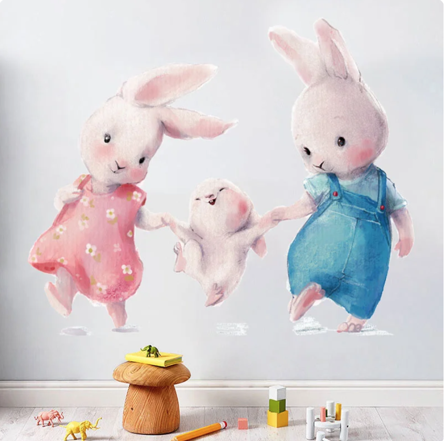 BUNNY RABBIT FAMILY OUTING BABY PINK BLUE 3D WALL STICKER MURAL ART Decal