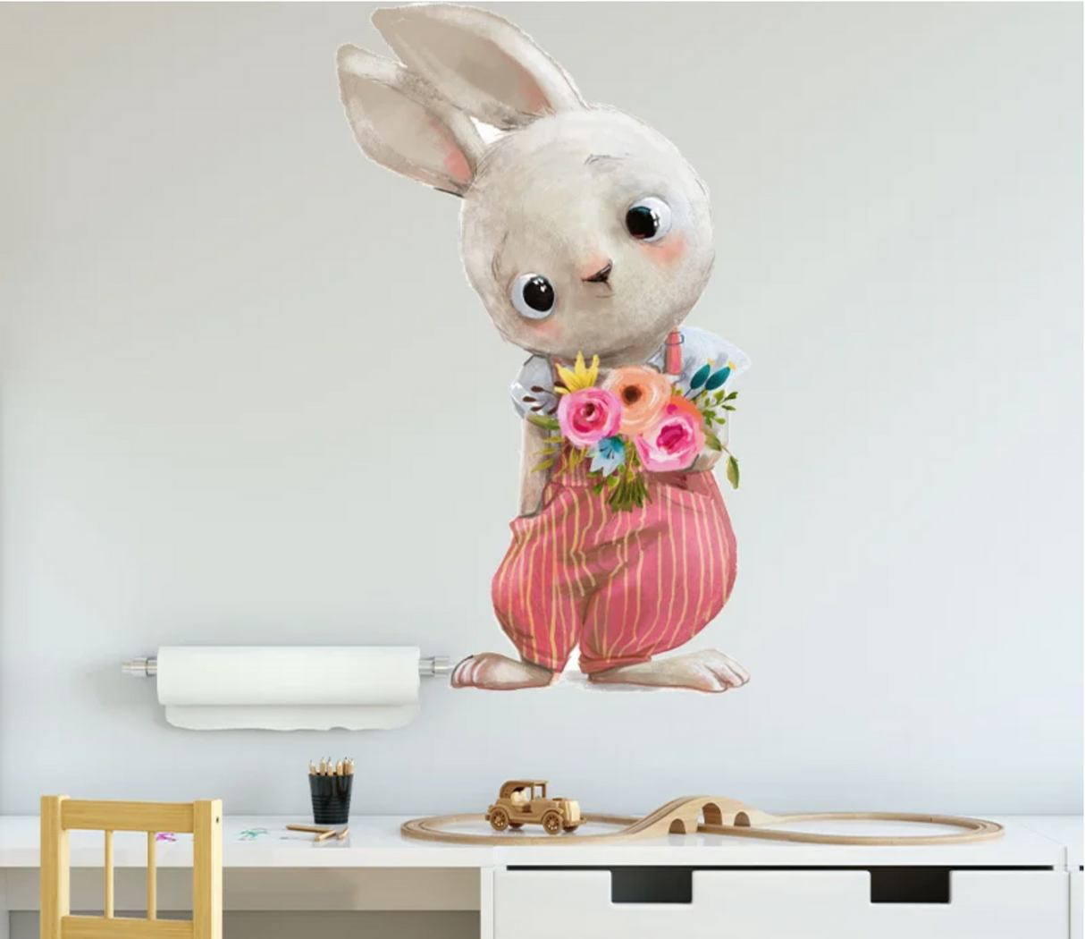 CUTE BUNNY RABBIT IN OVERALLS FLOWERS BOUQUET 3D WALL STICKER MURAL ART Decal