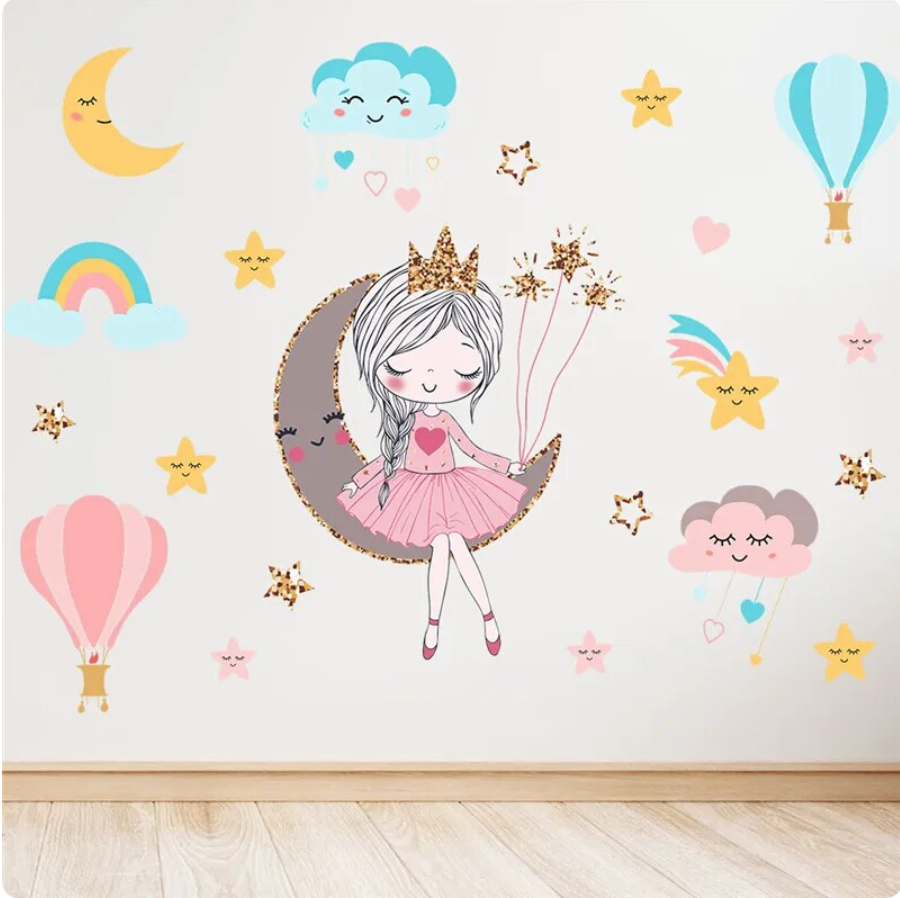 PRETTY GIRL QUEEN SHINING STARS RAINBOW CLOUDS BALLOON WALL STICKER MURAL Decal