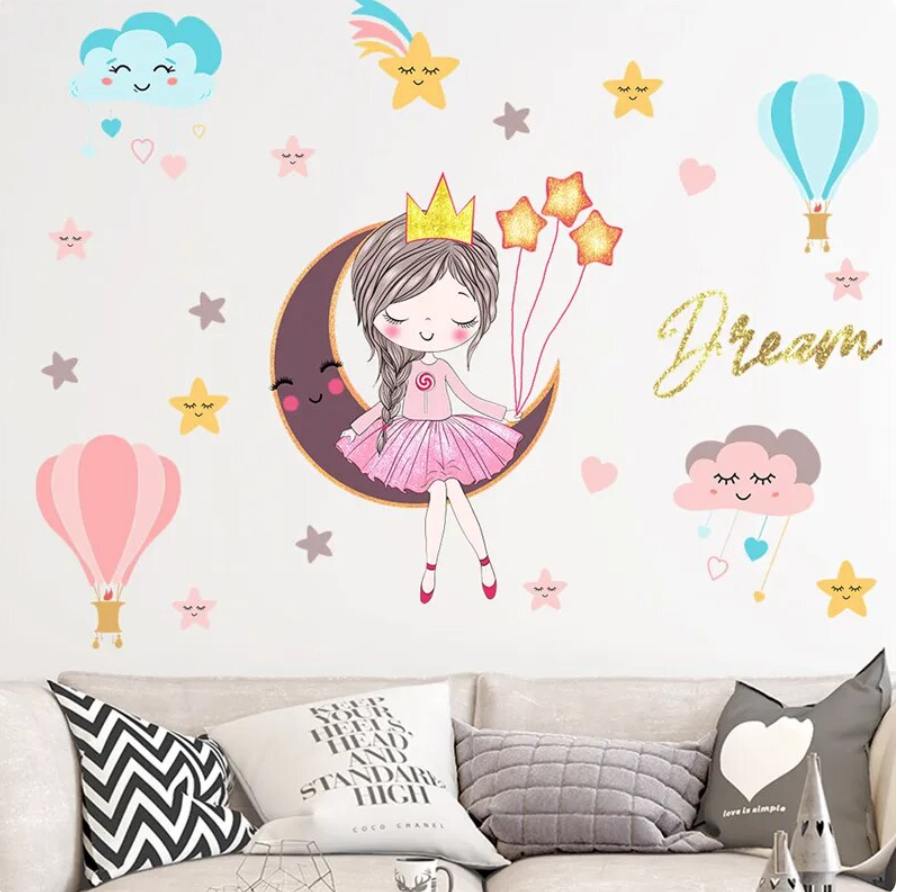 GIRL ON MOON QUEEN SHIMMER SHINE CLOUDS STARS BALLERINA WALL STICKER MURAL Decal