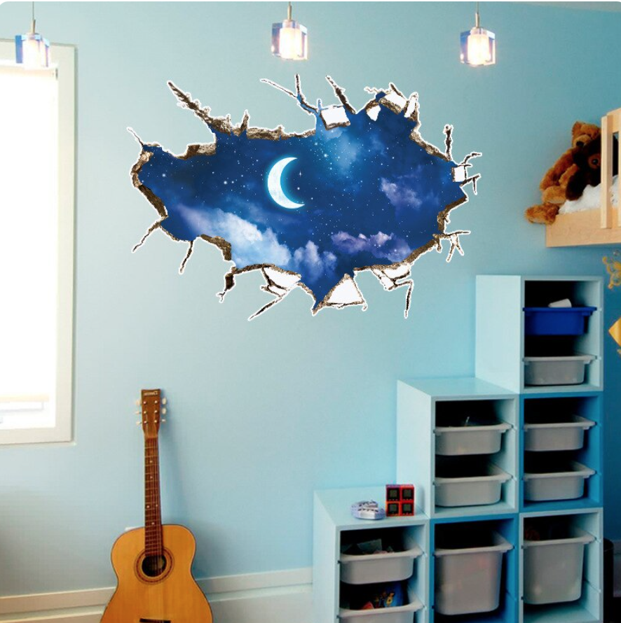 CRESCENT MOON SPACE SKY STARS CLOUDS 3D WALL STICKER MURAL ART Decal