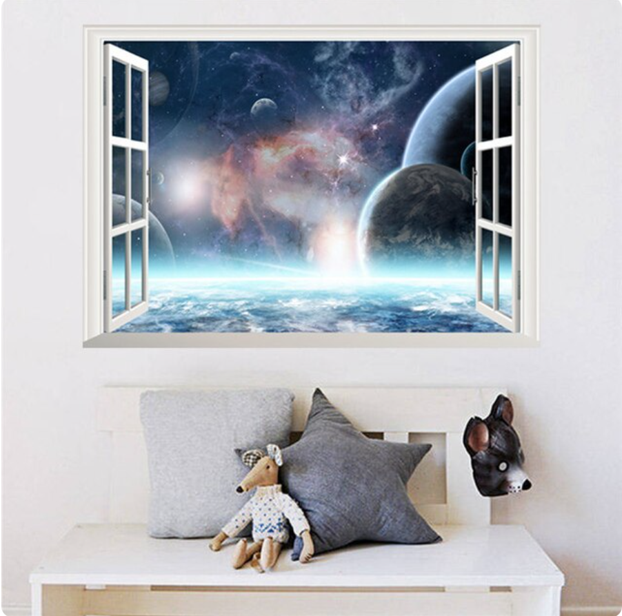 SPACE COSMOS GALAXY PLANETS SINGULARITY WINDOW VIEW 3D WALL STICKER MURAL Decal