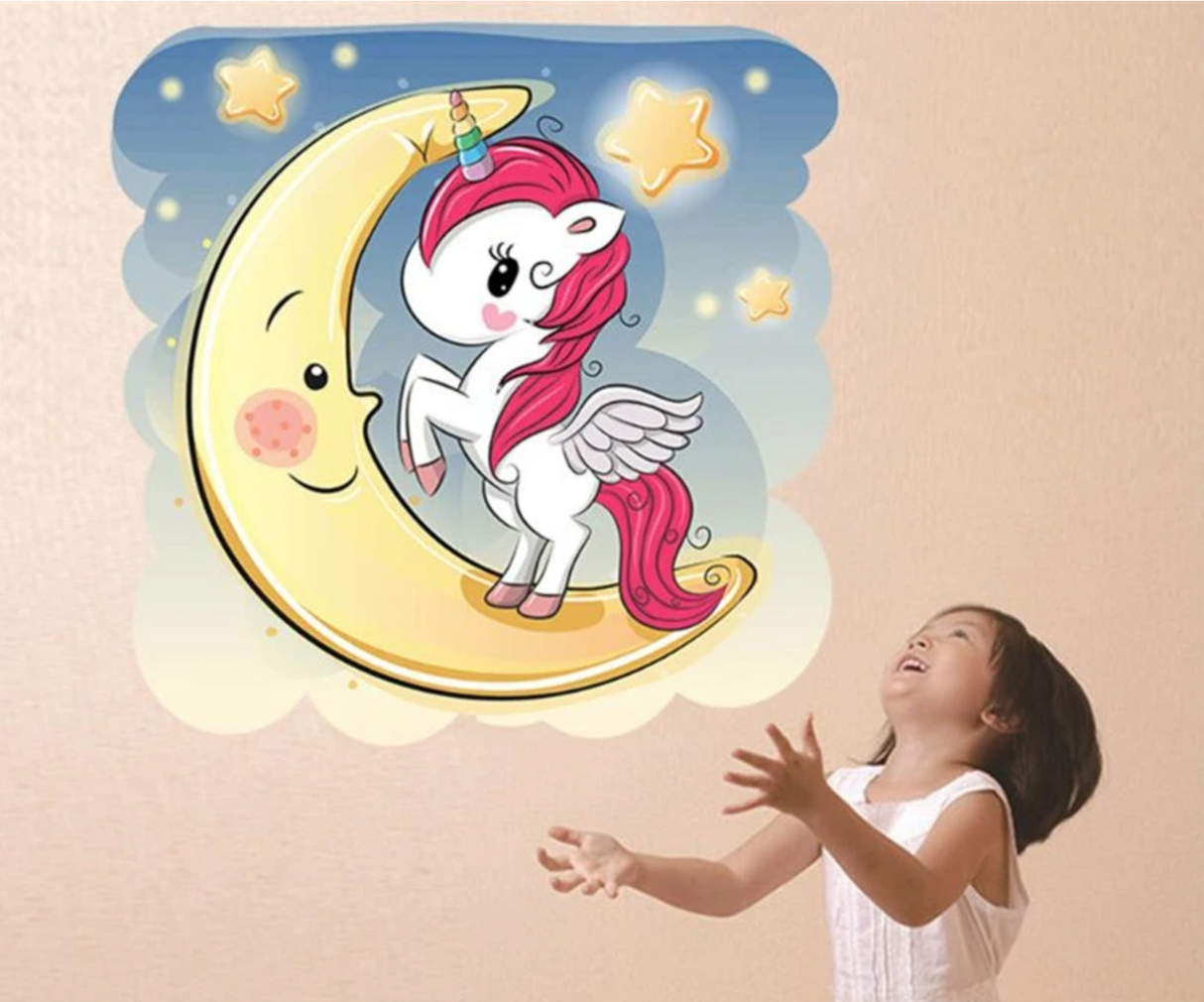 CARTOON UNICORN ON THE MOON FANTASY MAGIC STARS 3D WALL STICKER MURAL ART Decal