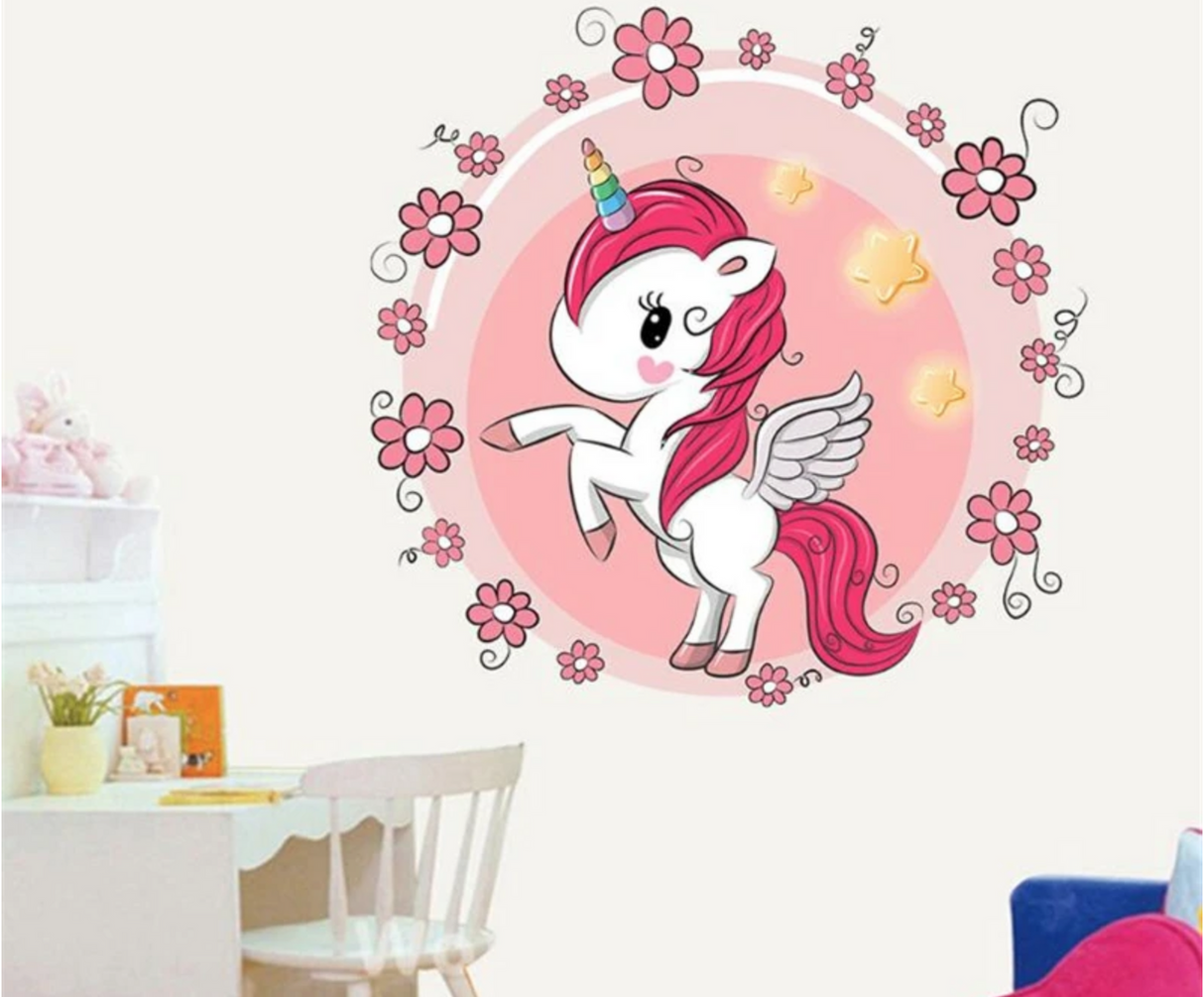 FANTASY UNICORN PINK FLOWERS DAISY STARS 3D WALL STICKER MURAL ART Decal