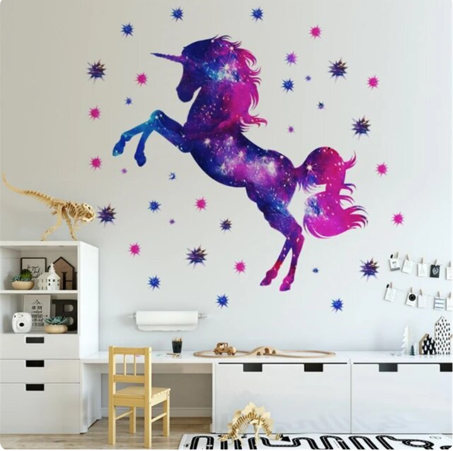 GALAXY UNICORN SILHOUETTE PINK PURPLE BLUE STARS 3D WALL STICKER MURAL Decal
