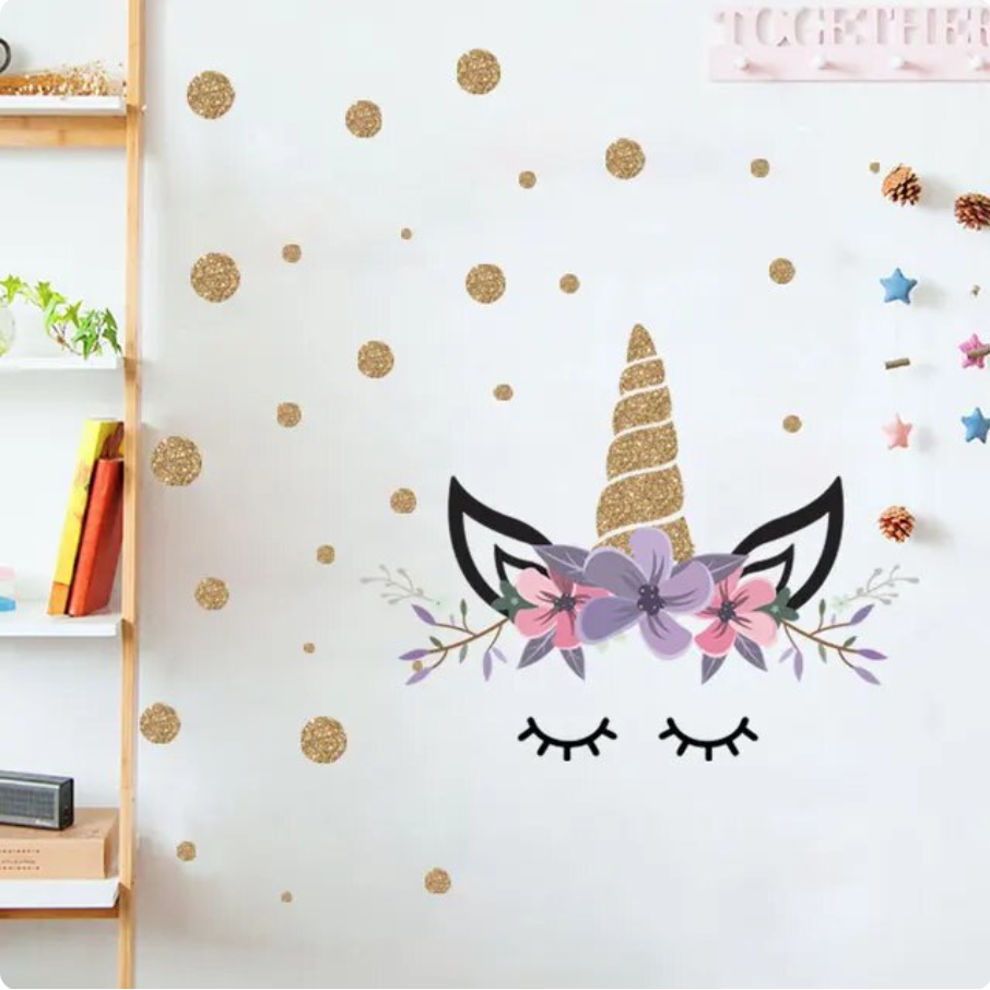GOLD GLITTER UNICORN WITH FLOWER CROWN PINK PURPLE 3D WALL STICKER MURAL Decal