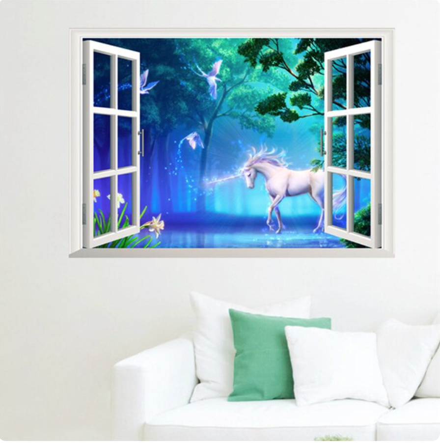 UNICORN FANTASY FOREST WINDOW VIEW MAGIC BRIDS LAKE 3D WALL STICKER MURAL Decal