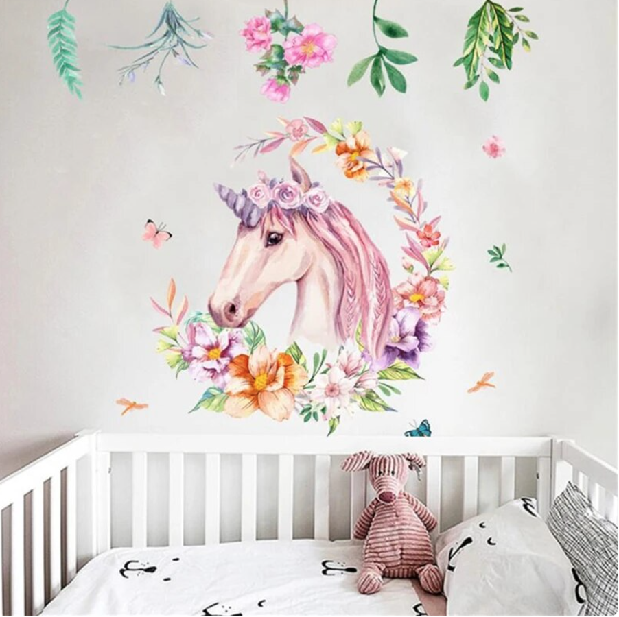 PINK PURPLE UNICORN FANTASY FLOWERS WREATH LEAVES 3D WALL STICKER MURAL Decal