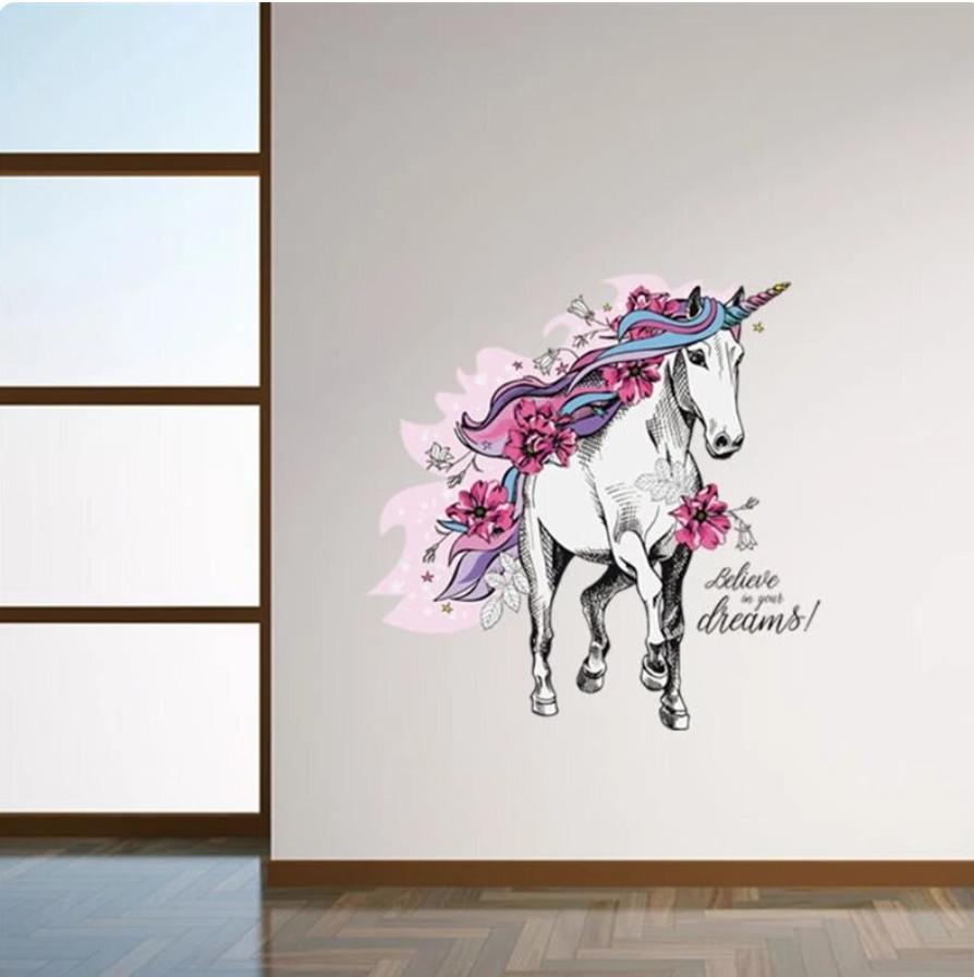 RUNNING UNICORN FANTASY BELIEVE IN DREAMS PINK PURPLE WALL STICKER MURAL Decal