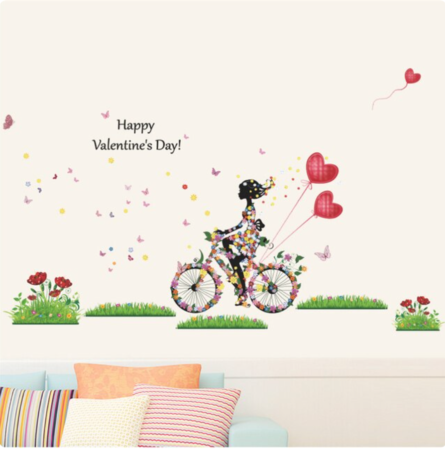 VALENTINE'S DAY HE BALLOONS BICYCLE BUTTERFLIES 3D WALL STICKER MURAL Decal