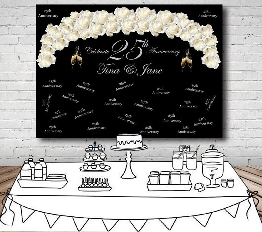 WEDDING ANNIVERSARY BRIDAL SHOWER BLACK WHITE PARTY BANNER BACKDROP DECORATION
