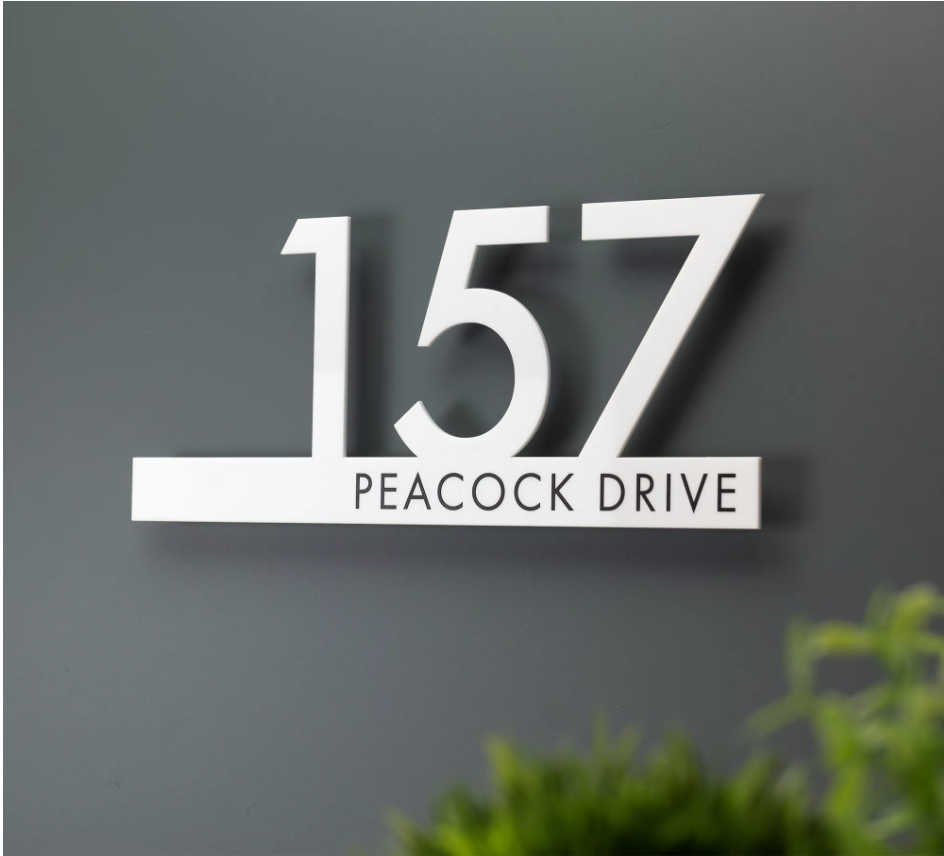 CUSTOM HOUSE SIGN NUMBER STREET SIGN WHITE BLACK ACRYLIC ADDRESS DOOR WALL PLAQUE