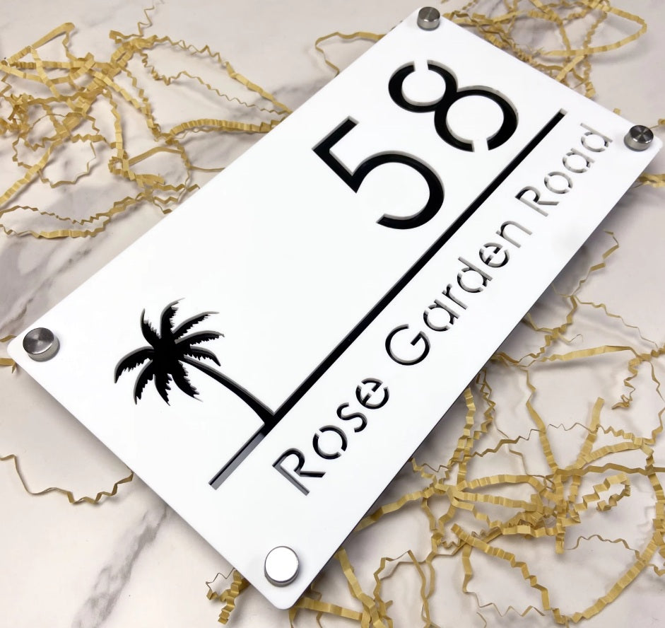 CUSTOM HOUSE SIGN NUMBER STREET SIGN PALM TREE ACRYLIC ADDRESS DOOR WALL PLAQUE