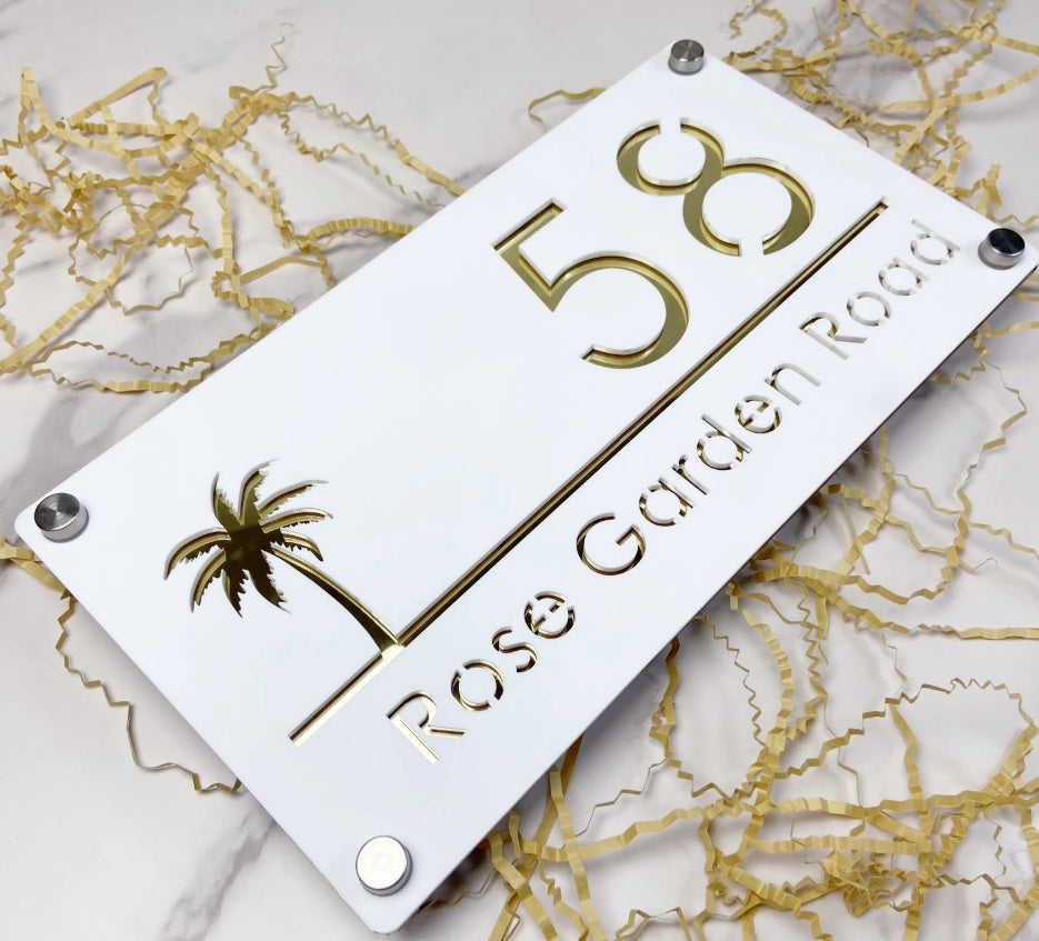 CUSTOM HOUSE SIGN NUMBER STREET SIGN PALM TREE ACRYLIC ADDRESS DOOR WALL PLAQUE