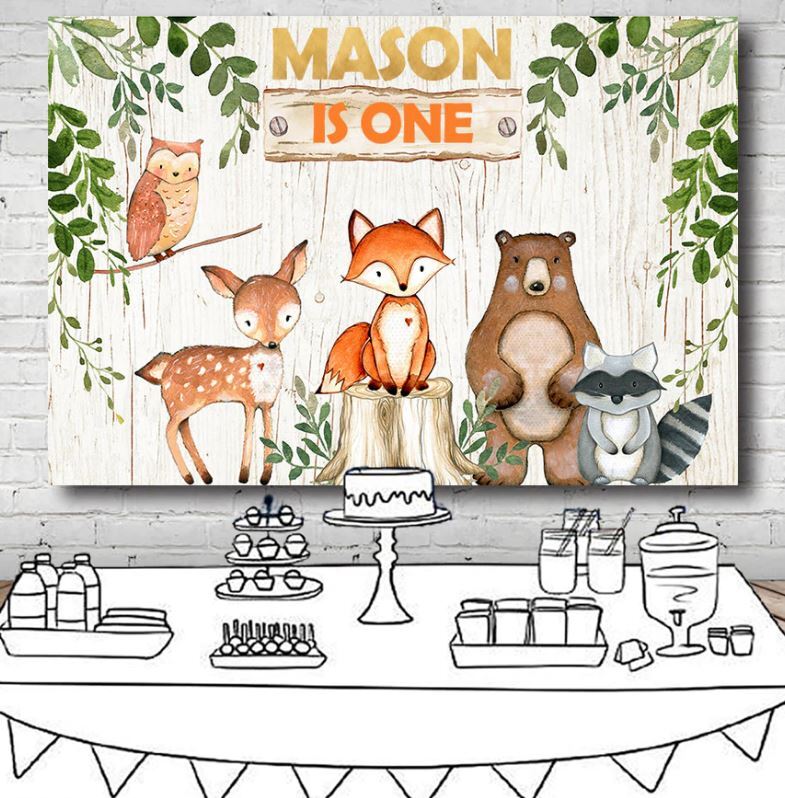 WOODLAND BABY DEER OWL FOX PERSONALISED BIRTHDAY PARTY BANNER BACKDROP DECORATION