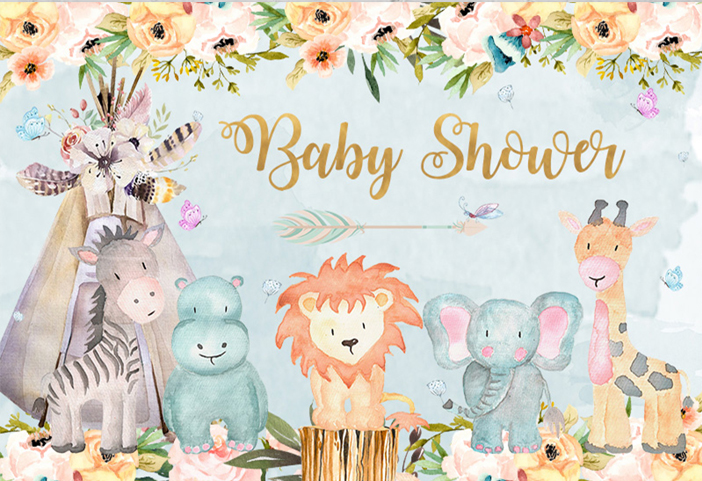 BABY ANIMALS LION HIPPO ZEBRA BIRTHDAY SHOWER PARTY BANNER BACKDROP DECORATION