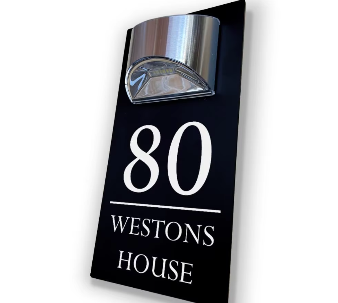 Custom Black Solar LED House Sign | Personalised Illuminated Address Plaque