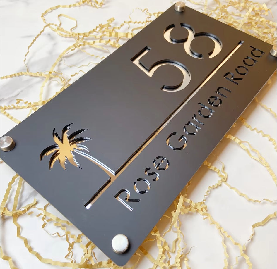 CUSTOM HOUSE SIGN NUMBER STREET SIGN PALM TREE ACRYLIC ADDRESS DOOR WALL PLAQUE