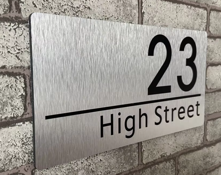 CUSTOM BRUSHED ALUMINIUM HOUSE SIGN NUMBER STREET SIGN ADDRESS DOOR WALL PLAQUE