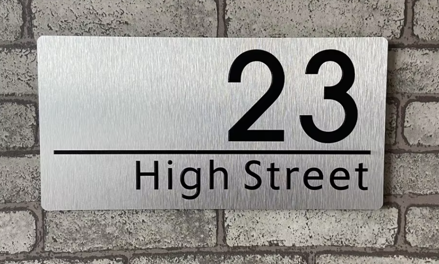 CUSTOM BRUSHED ALUMINIUM HOUSE SIGN NUMBER STREET SIGN ADDRESS DOOR WALL PLAQUE