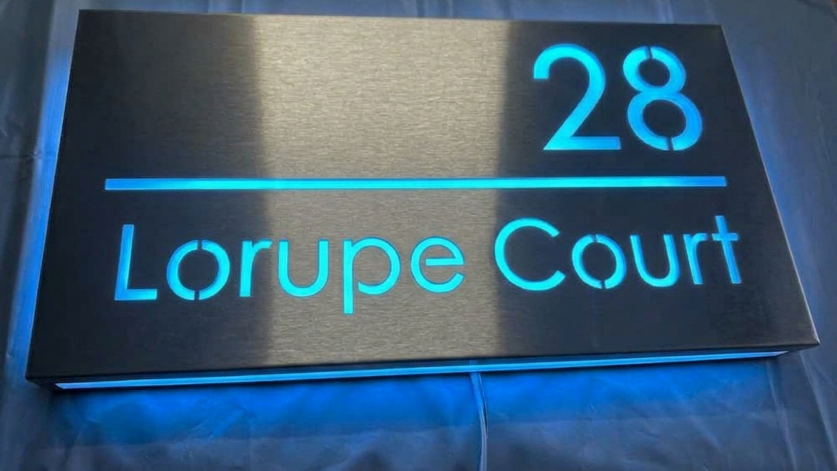 Custom LED House Number Sign | Silver Stainless Steel Backlit Plaque