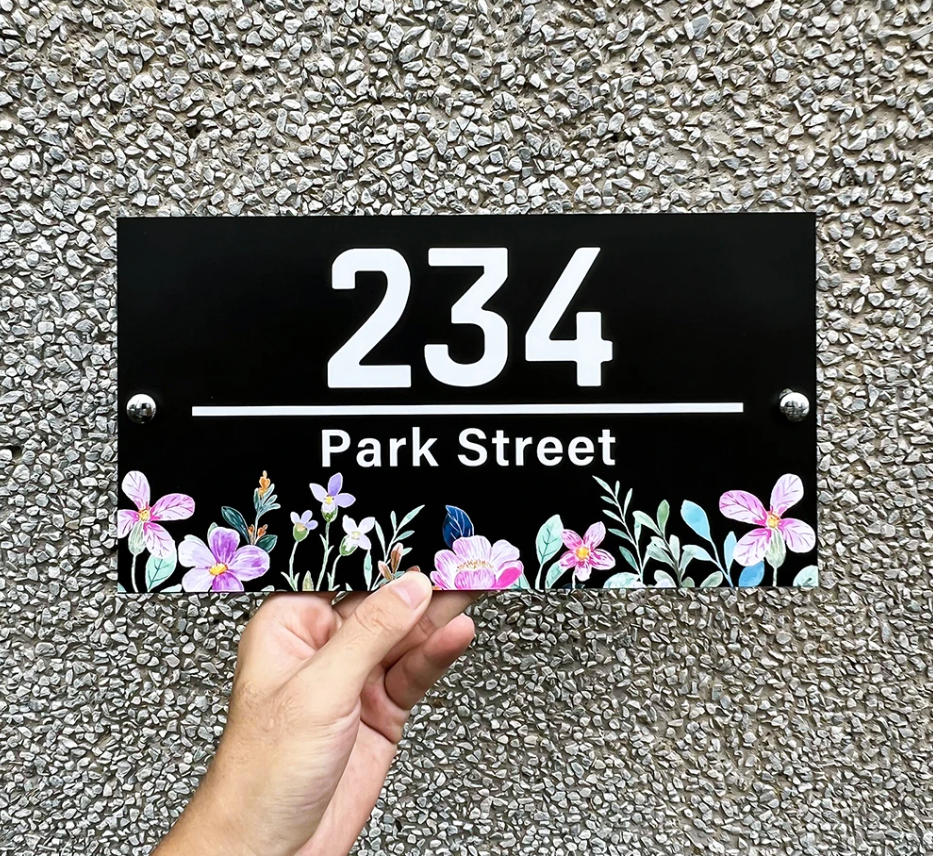 HOUSE SIGN ADDRESS SIGN FLORAL FLOWER ACRYLIC NUMBER STREET ADDRESS PLAQUE