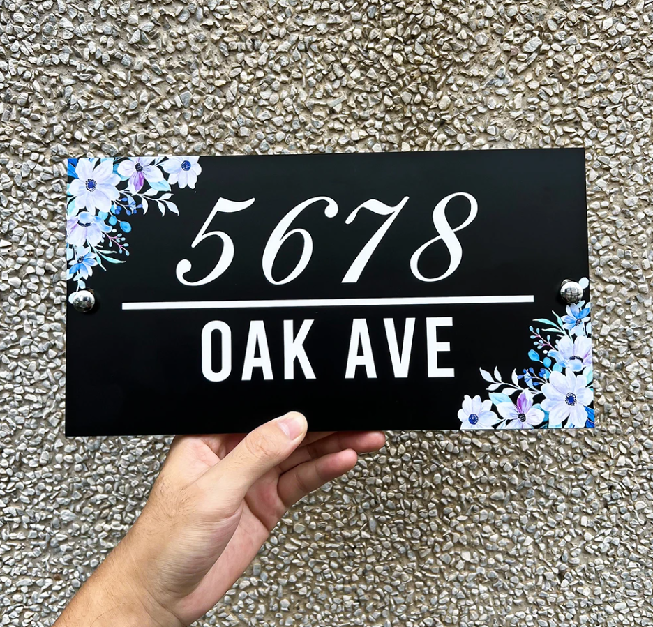 HOUSE SIGN ADDRESS FLOWER SIGN FLORAL BLUE ACRYLIC NUMBER STREET ADDRESS PLAQUE