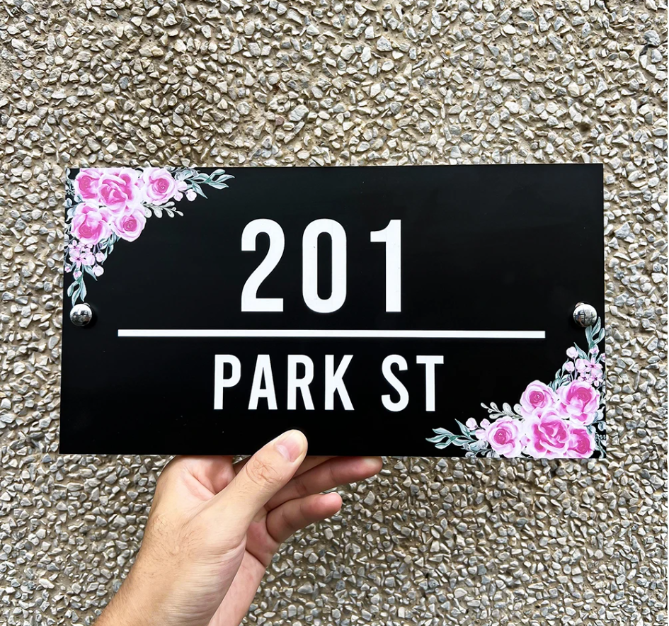 HOUSE SIGN ADDRESS FLOWER SIGN FLORAL PINK ACRYLIC NUMBER STREET ADDRESS PLAQUE