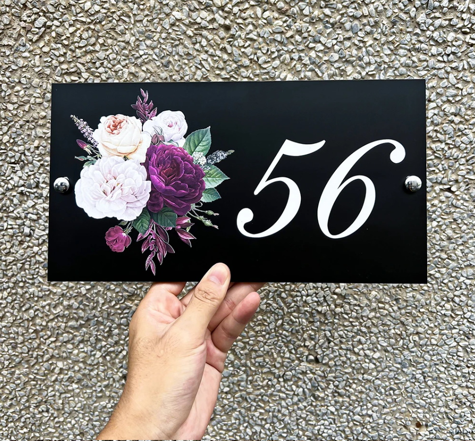 HOUSE SIGN ADDRESS SIGN FLORAL FLOWER PURPLE ACRYLIC NUMBER STREET ADDRESS PLAQUE