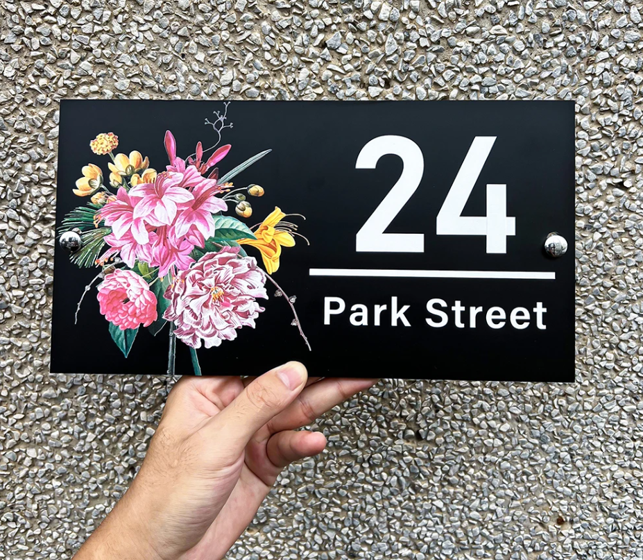 HOUSE SIGN ADDRESS SIGN FLORAL FLOWER PINK YELLOW ACRYLIC NUMBER STREET ADDRESS PLAQUE
