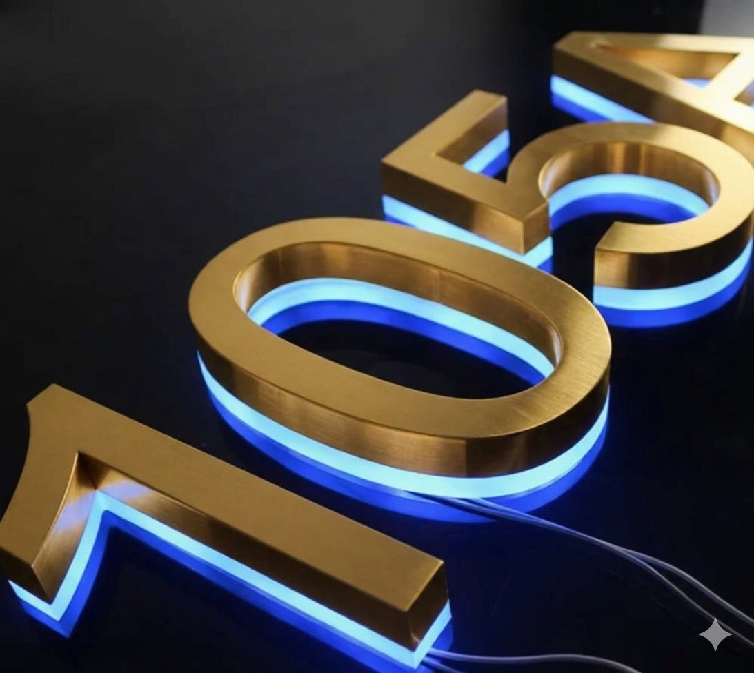 Custom LED House Number Sign | Backlit Stainless Steel Address Plaque | Gold