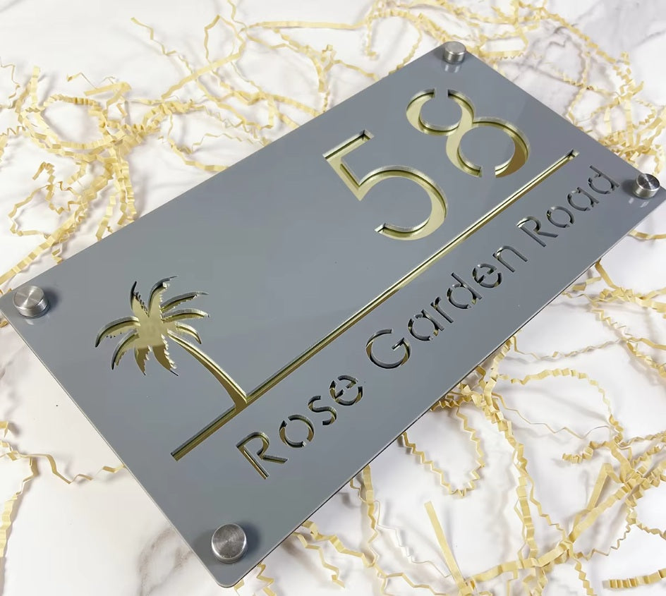 CUSTOM HOUSE SIGN NUMBER STREET SIGN PALM TREE ACRYLIC ADDRESS DOOR WALL PLAQUE