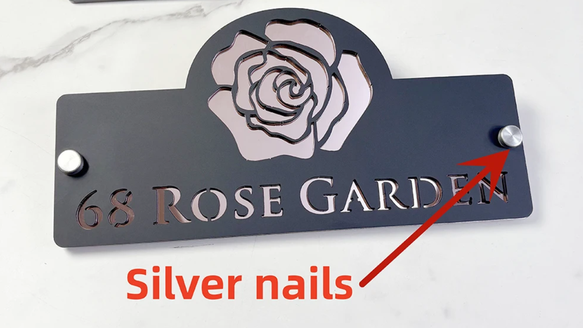 HOUSE SIGN ADDRESS CUSTOM SIGN FLOWER ROSE LASER CUT ACRYLIC NUMBER SILVER/ BLACK NAILS PLAQUE