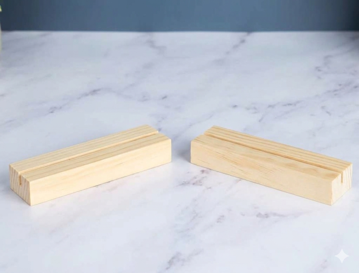 Two light natural wood rectangular blocks with grooved slots, placed on a white marble surface against a dark blue-gray background.