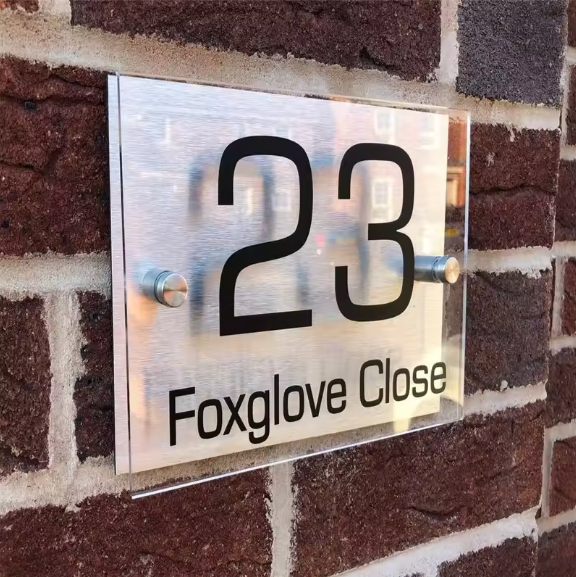 CUSTOM HOUSE SIGN NUMBER STREET SIGN SILVER GLASS EFFECT ACRYLIC ADDRESS DOOR WALL PLAQUE