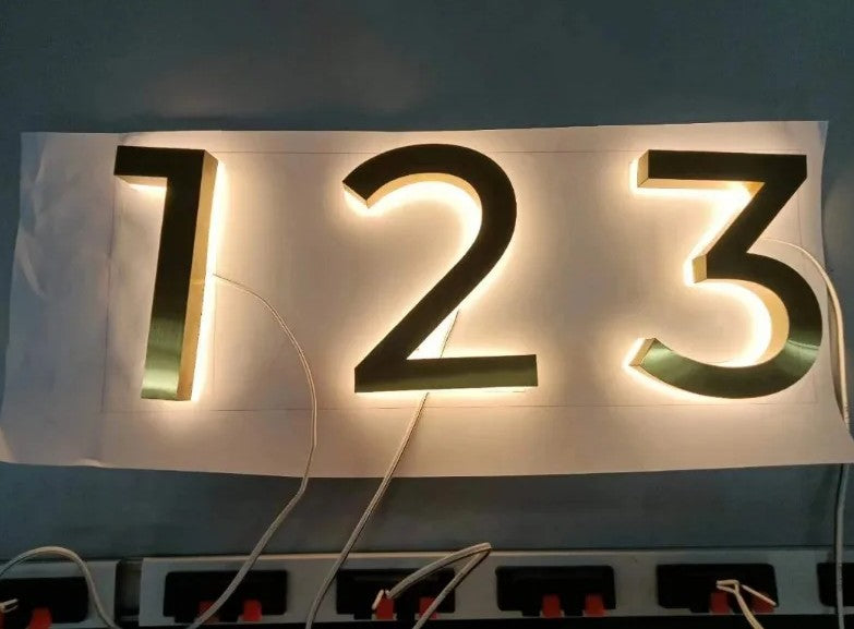Custom LED House Number Sign | Backlit Stainless Steel Address Plaque | Gold