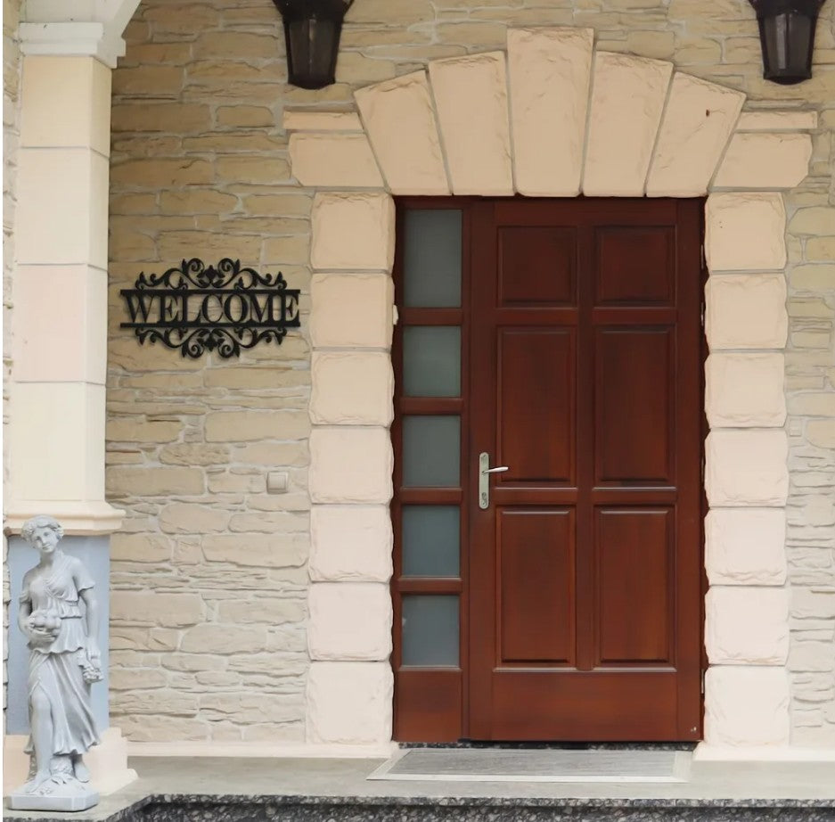 WELCOME HOUSE SIGN METAL ADDRESS SIGN BLACK METAL STREET PLAQUE 35CM