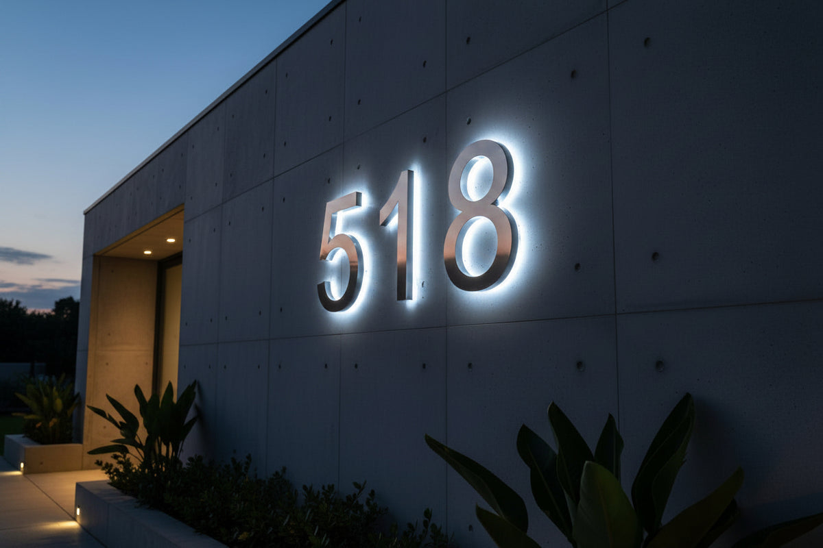 Custom LED House Number Sign | Backlit Stainless Steel Address Plaque | Silver