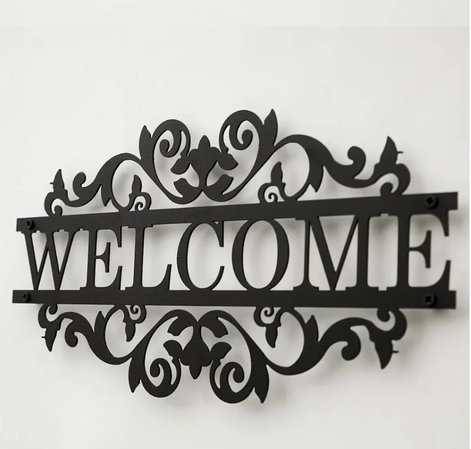 WELCOME HOUSE SIGN METAL ADDRESS SIGN BLACK METAL STREET PLAQUE 35CM