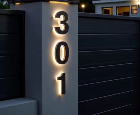 LED HOUSE NUMBER NUMBERS ADDRESS SIGN STAINLESS STEEL LIGHT UP BLACK GOLD SILVER