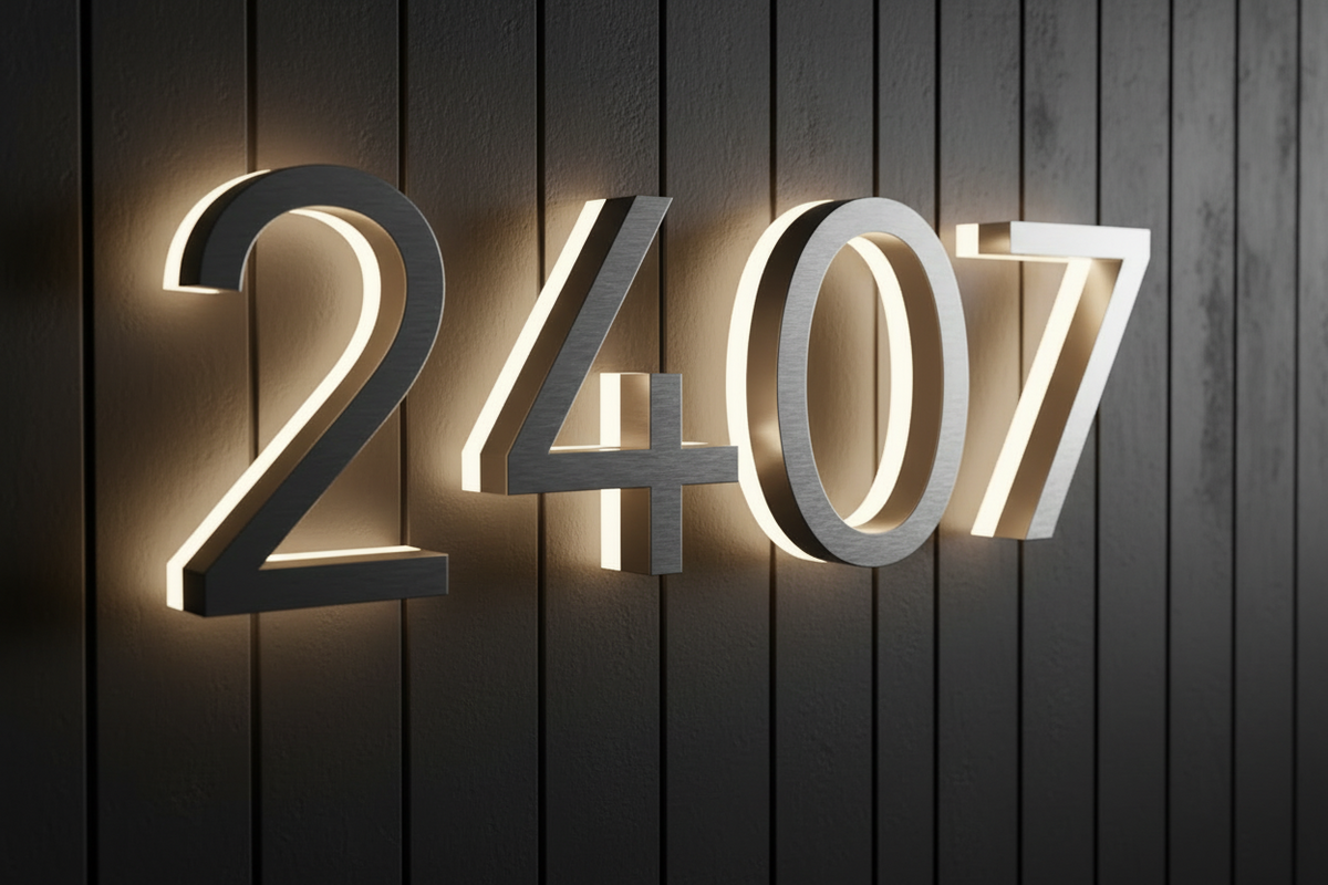Custom LED House Number Sign | Backlit Stainless Steel Address Plaque | Silver