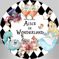 ALICE IN WONDERLAND CHESHIRE CAT TEA PARTY SUPPLIES PARTY SUPPLIES ROUND BIRTHDAY PERSONALISED BANNER BACKDROP DECORATION