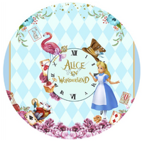 ALICE IN WONDERLAND CLOCK DIAMONDS TEA PARTY SUPPLIES ROUND BIRTHDAY PERSONALISED BANNER BACKDROP DECORATION